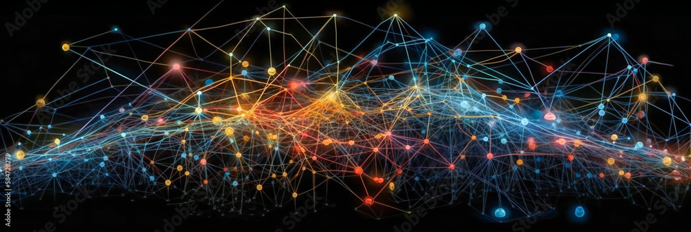 Bright banner of connected dots and lines, network technology concept Illustration created with generative AI tools. Black background. 