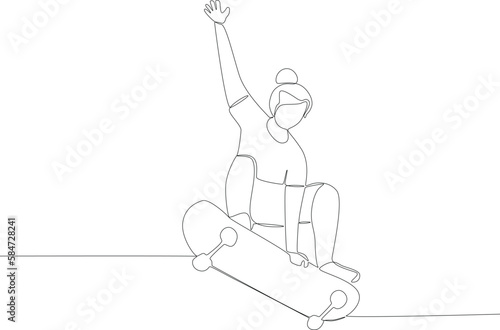 woman freestyle skateboarding. Skateboarding one-line drawing