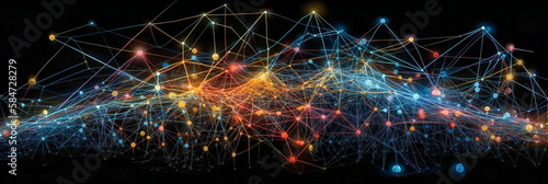 Bright banner of connected dots and lines, network technology concept Illustration created with generative AI tools. Black background. 