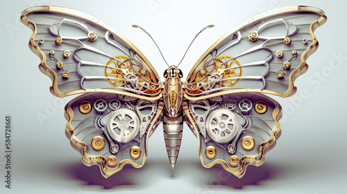 steampunk butterfly with gears mechanical as drone on isolated background