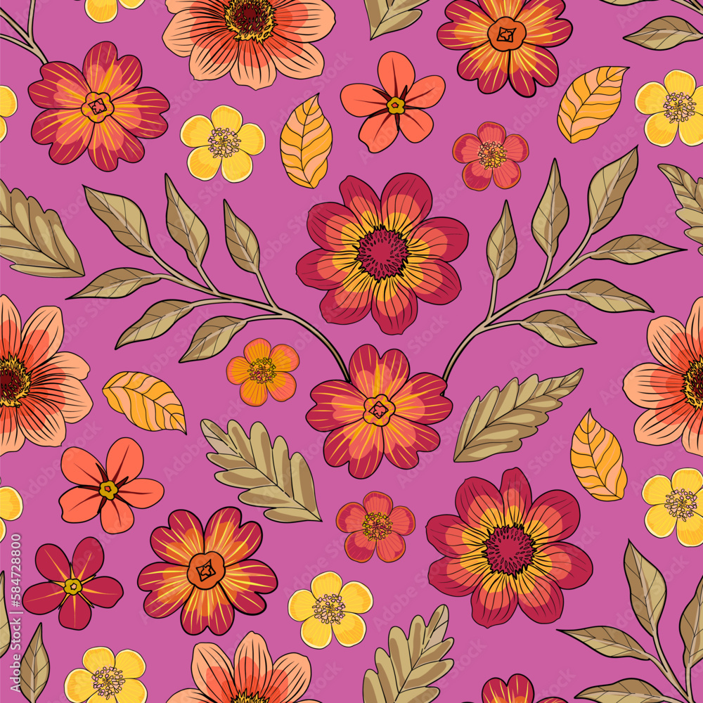 Hand drawn folk blooms seamless pattern for fabric, wallpaper, stationery, print or notebook cover. Hand drawn folk blooms seamless pattern for fabric, wallpaper, stationery, print or notebook cover.