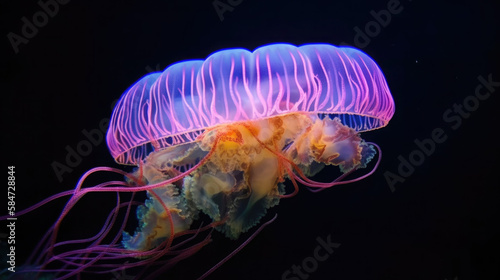 Observe a free-swimming marine coelenterate known as a jellyfish up close in a fish tank illuminated by neon lighting. These creatures have bell- or saucer-shaped, jelly-like  © CreativeChaos