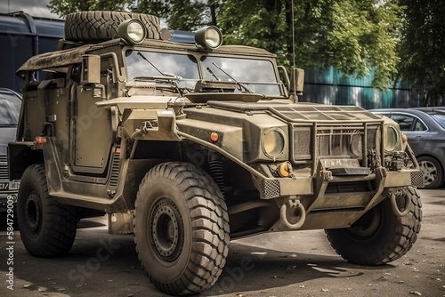 Military Jeep close-up, Combat vehicle on City roads, city occupation - created with Generative AI technology