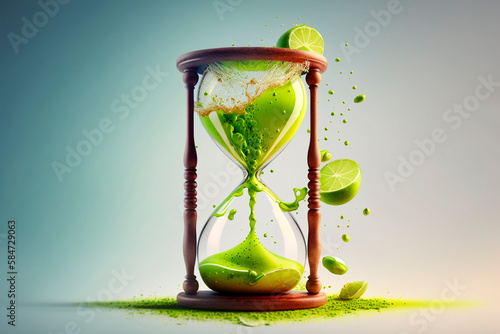 Hourglass with green sand and lime slices. Generative AI. Summer. Glass vintage clock and lime on light background. Bright grains of sand fall from top to bottom photo