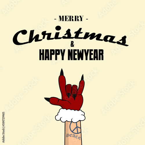banner merry christmas and happy new year, illustration of a rock and roll hand with christmas gloves. can be used for background and design additions. vector