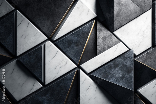 Sharply lit grey, gold and metallic tiled pattern of marble and raised sections, for backgrounds, patterns, generative AI