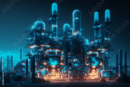oil refinery plant, oil industry, blue hologram, Generative AI