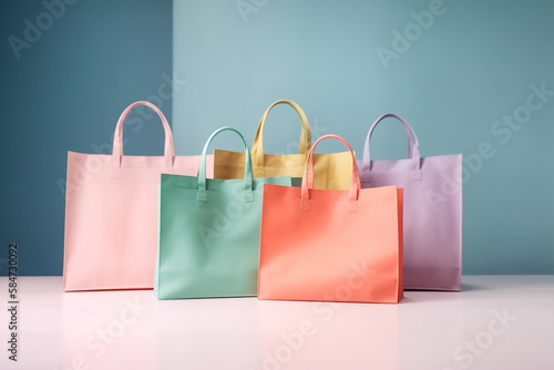 Pastel colorful shopping bags on a table, luxurious, copy space, logo space, generative AI