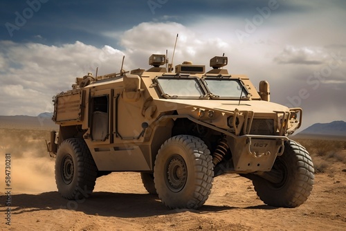 Military jeep close-up in the desert, transport soldiers, rush through the desert - created with Generative AI technology