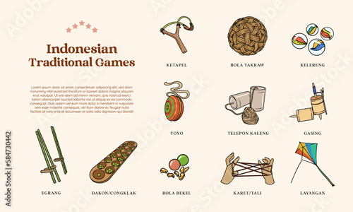 Isolated Hand drawn Indonesian Traditional Games. 90s childrens games illustration.