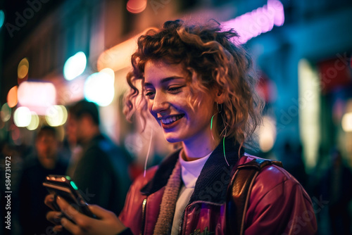Young smiling girl with curly hair uses smartphone on the street - Ai generative