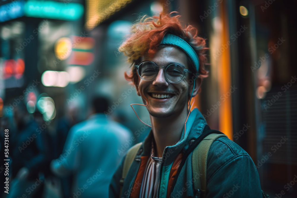 Young smiling boy with eyeglasses and casual looks in city  street - Ai generative