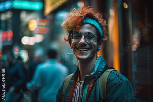 Young smiling boy with eyeglasses and casual looks in city street - Ai generative