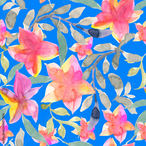 Tropical flowers and leaves in a seamless watercolor pattern on a blue background. Fabric, texture, background for bed linen, wallpapers, napkins, wrapping paper. Endless botanical ornament.