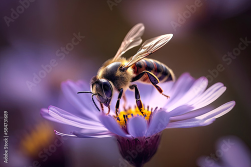 Fototapete Honey Bee on Purple Flower Pollination - Generative AI