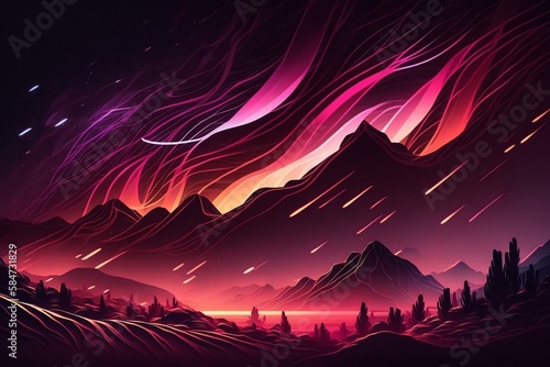Colorful neon landscape illustration. Bright neon mountains and clouds scenery. Generative AI © Klemenso