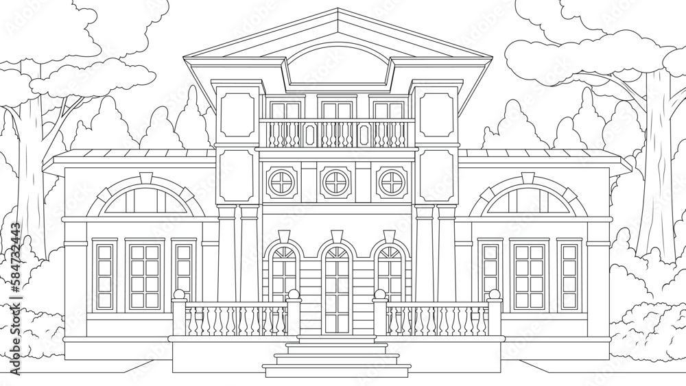 Vector illustration, beautiful architectural building in the park
