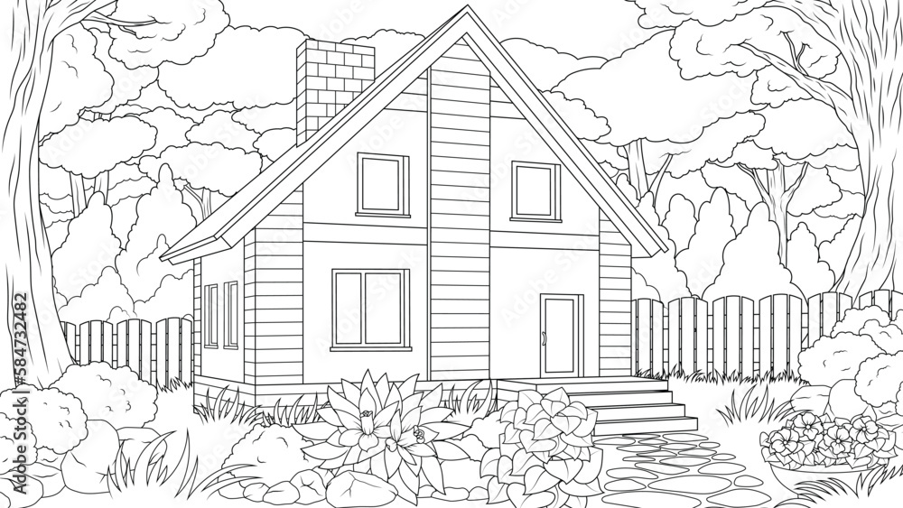 Vector illustration, wooden house stands in the forest