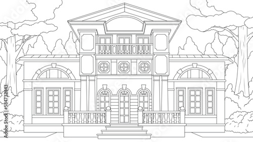Vector illustration, beautiful architectural building in the park