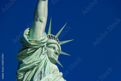 close up of Statue of Liberty, blue sky