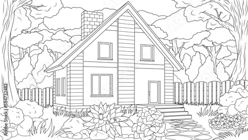 Vector illustration, wooden house stands in the forest