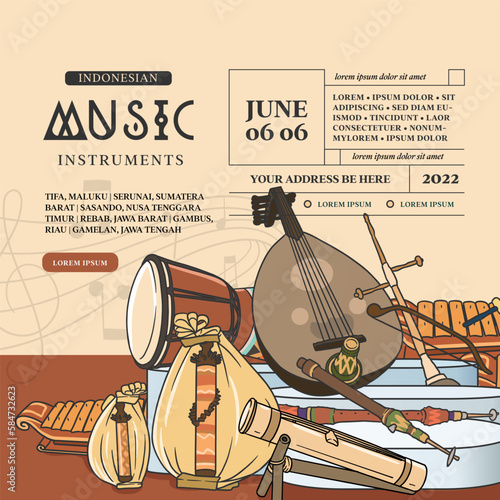 Indonesian music instruments hand drawn vector illustration. Music social media post template photo