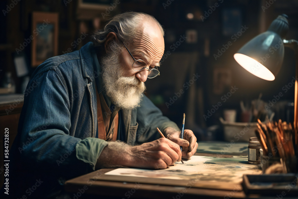 Portrait of an old man drawing. Created with Generative AI technology.