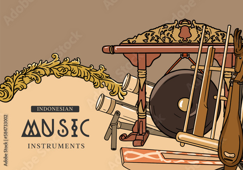 Indonesian music instruments hand drawn vector illustration. Music social media post template photo