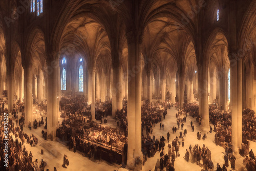 A majestic basilica cathedral towers above a bustling crowd, its grand architecture dominating the panoramic cityscape, made with generative ai photo