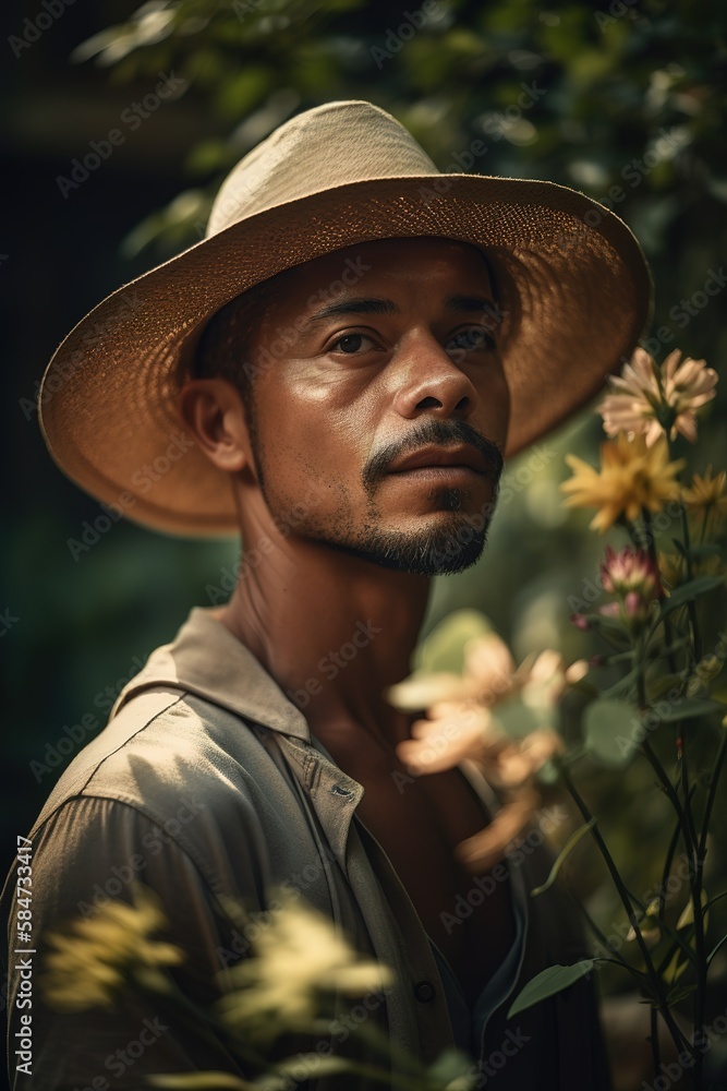 Latin American male portrait in the farm. Generative AI vertical shot