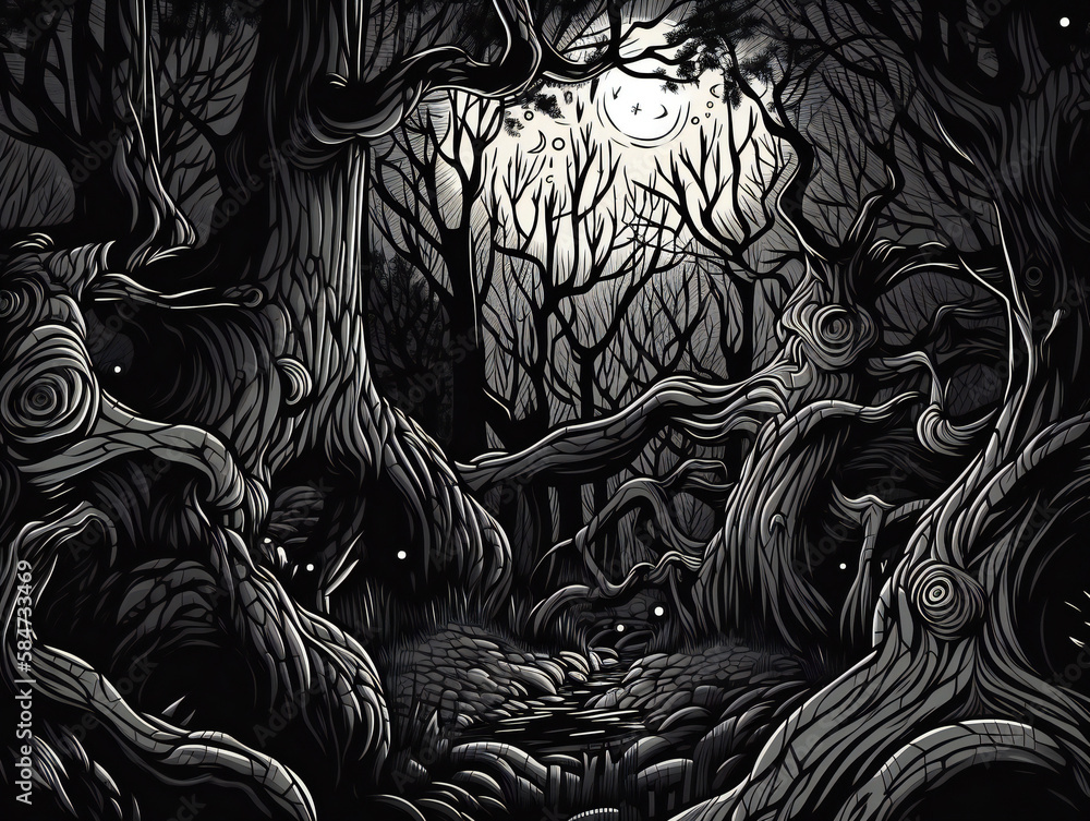 eerie forest scene artwork, ghostly trees, misty night, generative AI ...