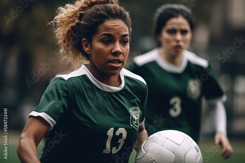 Latin woman playing professional football tournament. Generative AI