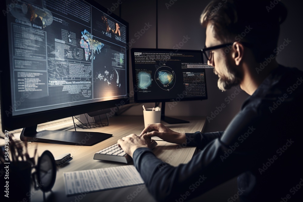 Close up shot of computer programmer working at night in the office ...