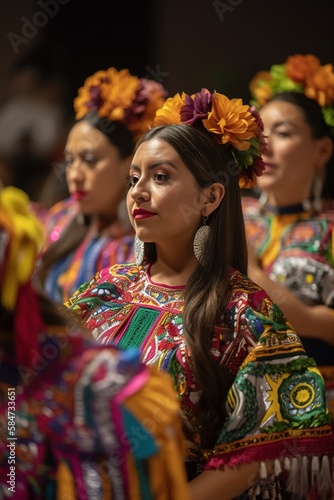 Mexican folkloric dancers group celebrating independence day. Generative AI vertical shot