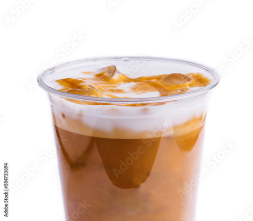 Cold coffee with milk, caramel and ice