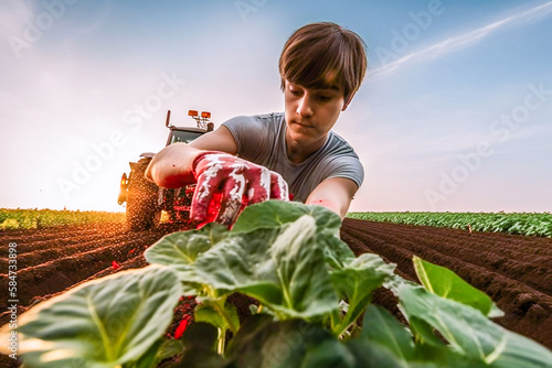 Young person helping the community at sunset, planting in the farm field with a tractor behind, volunteering work for the benefit of all. Illustration created with generative AI tools.