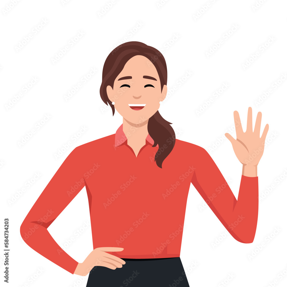 Young good looking woman doing greet pose and say hi and hello while smiling Young good looking woman doing greet pose and say hi and hello while smiling