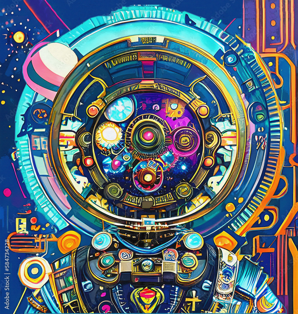 Star system from an astronaut's perspective, hippie punk, abstract, Illustration, MURAL - POSTER SERIE - READY TO PRINT- digital art, t-shirt design, illustration, colorful, poster, PS & generative AI