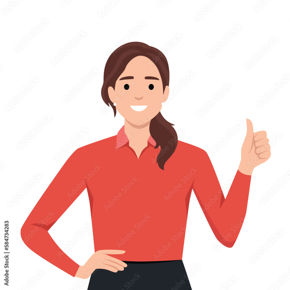Young cheerful woman with long hair in casual shirt showing thumb up Young cheerful woman with long hair in casual shirt showing thumb up
