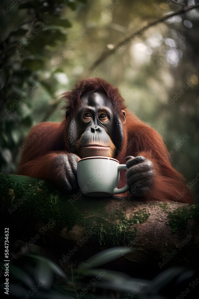 Obraz premium Orangutan drinking coffee