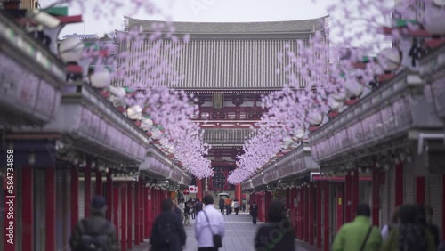 桜の装飾がされた浅草寺の仲見世通り商店街　春　東京観光
