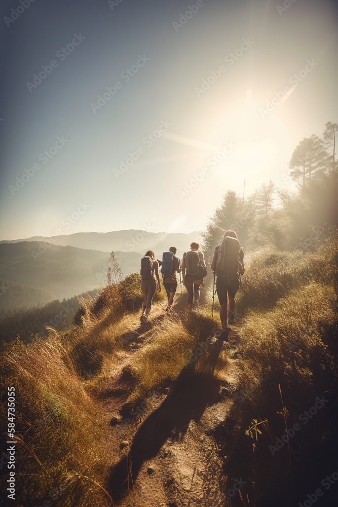 Back view of group of friends hiking in the mountainside at sunset. Generative AI vertical shot