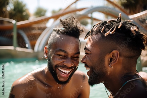 Young gay couple having fun at water park for summer vacations. Generative AI