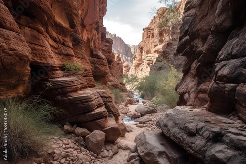 Narrow path between red natural canyons. Generative AI vertical shot