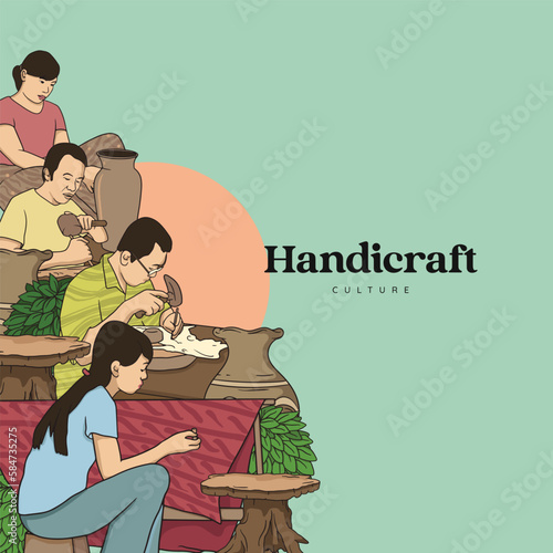 Hand drawn Handicraft traditional culture. Sculpture, Pottery and Puppet craftsman