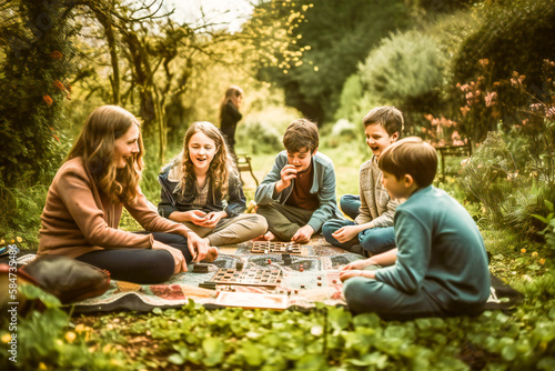 Family time outdoors- screen free week concept. Children and teenagers spending time outdoors, having fun playing games on a blanket on the ground. Illustration created with generative AI tools.