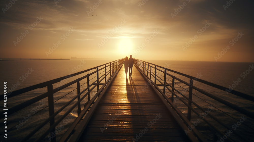 Couple walking on a long bridge together.