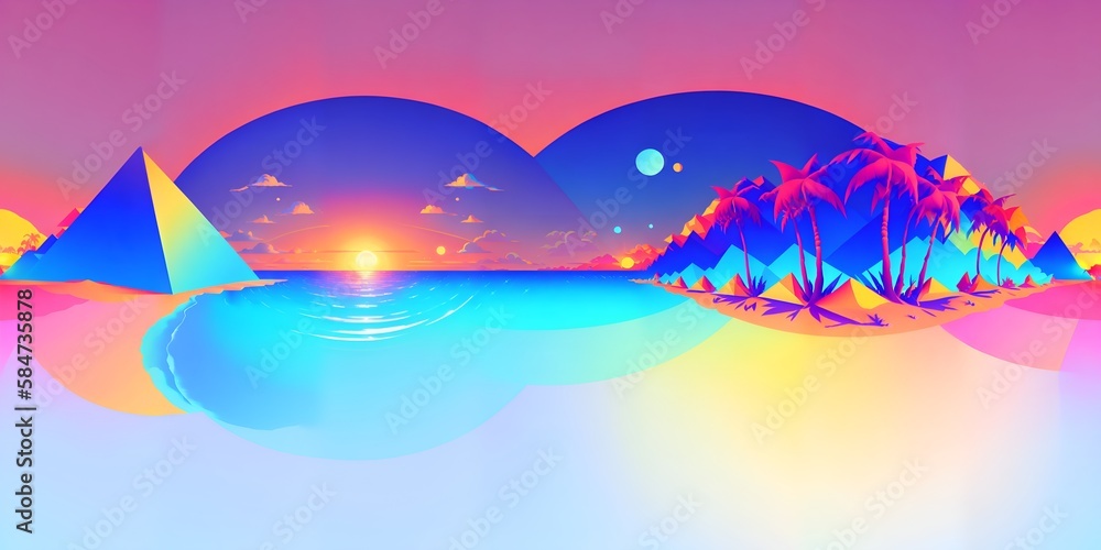 Photo of a digital painting of a tropical beach with palm trees Photo of a digital painting of a tropical beach with palm trees