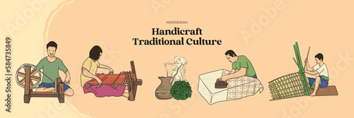 Isolated Hand drawn Handicraft traditional culture. Weaver, Bamboo and Batik craftsman