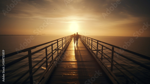 Couple walking on a long bridge together.